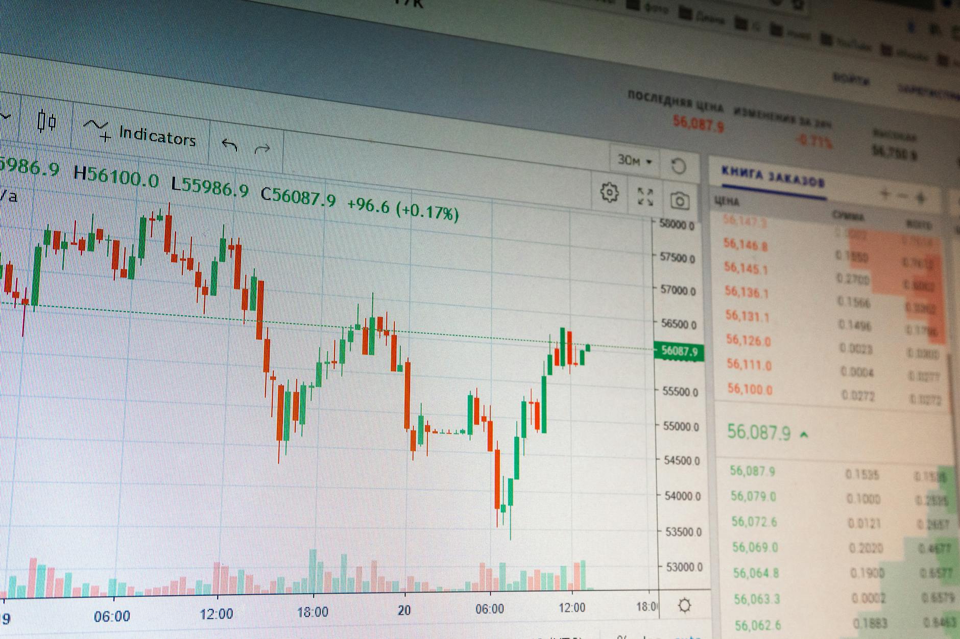 Close-up of digital cryptocurrency market graph showing price fluctuations and trading data.
