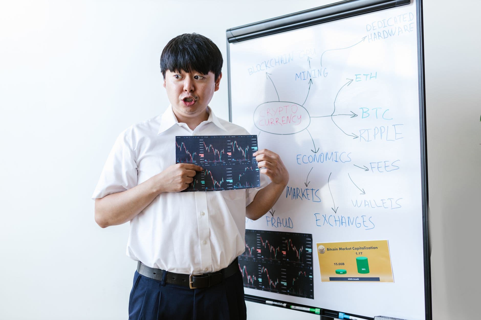 A man presenting cryptocurrency concepts on a whiteboard with charts and graphs.